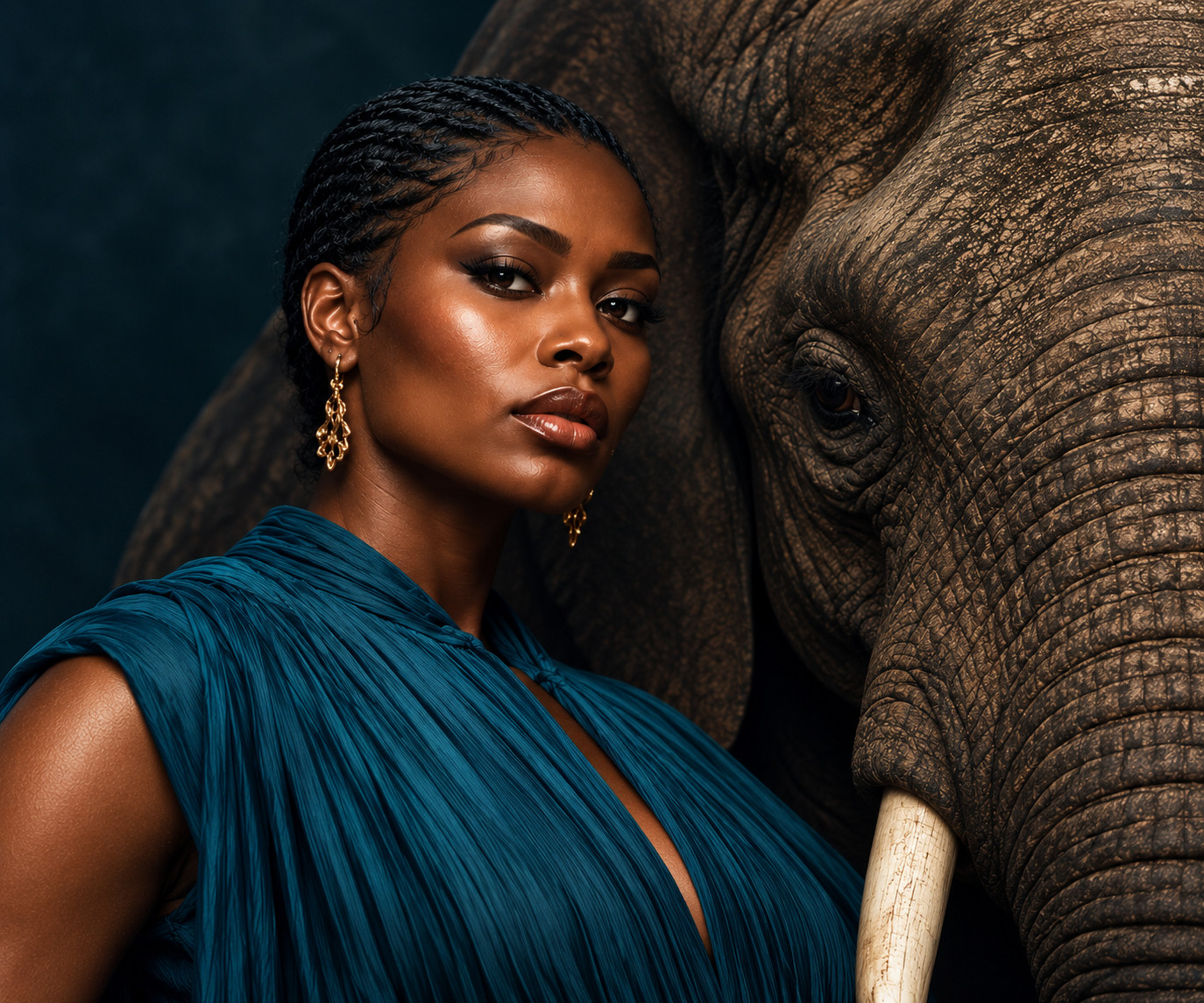 Woman in blue standing beside an elephant