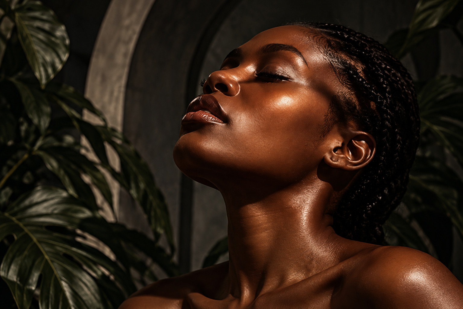 Profile of a woman with deep brown skin, eyes closed, in soft light