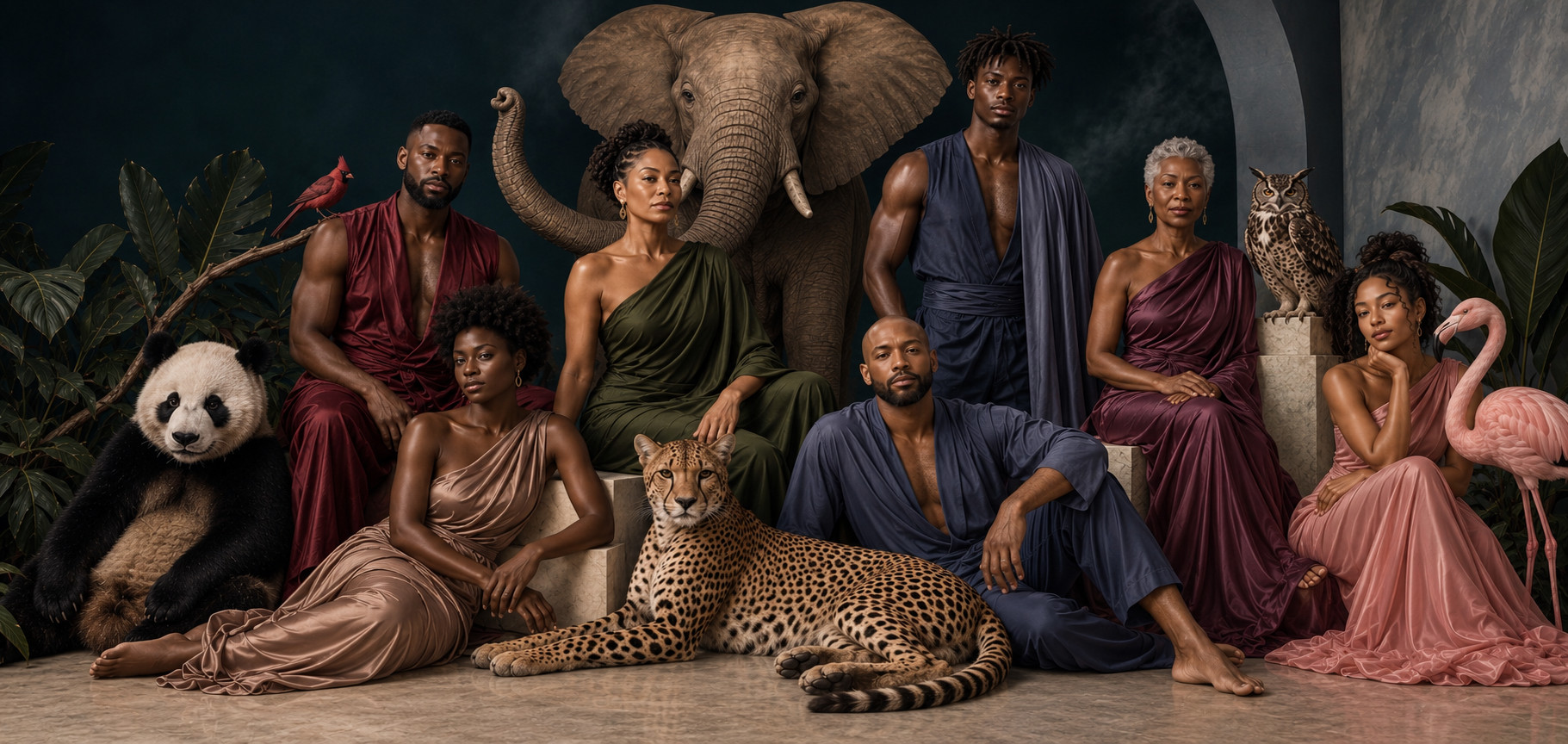 Eight people with deep brown skin in jewel-toned robes, posed with a panda, cardinal, cheetah, elephant, owl and flamingo