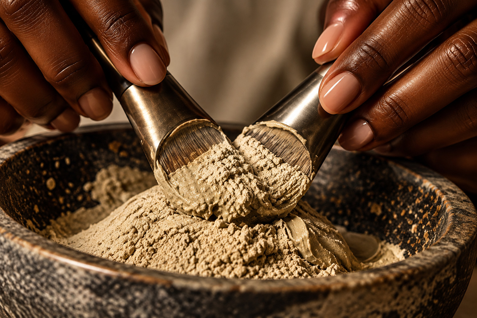 Hands mixing a clay mask in a stone bowl