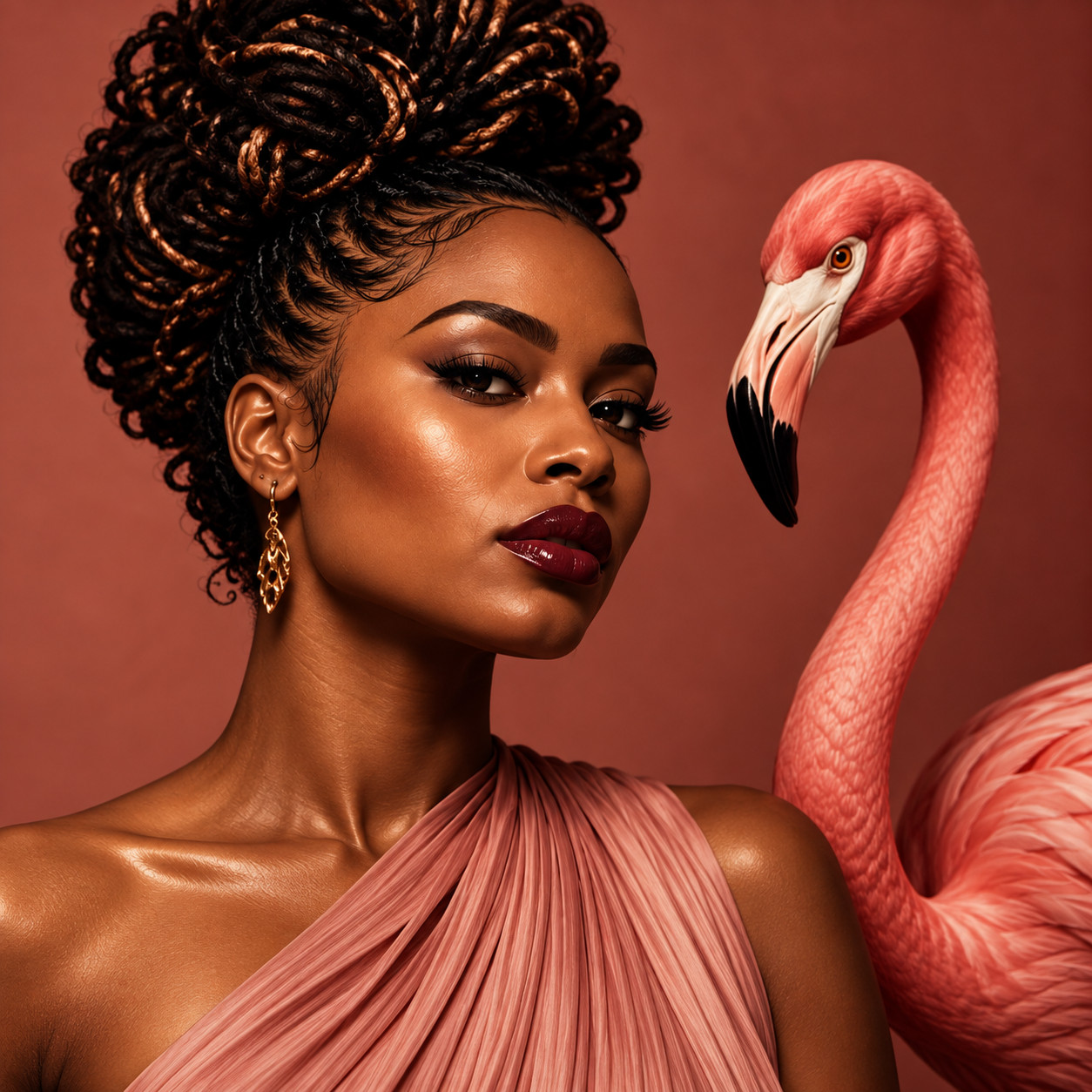 Young woman with a curly updo beside a flamingo