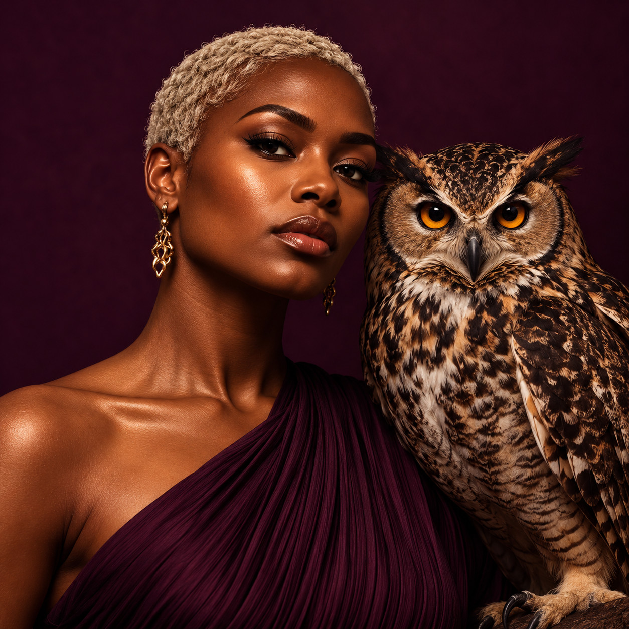Woman with short silver hair beside an owl