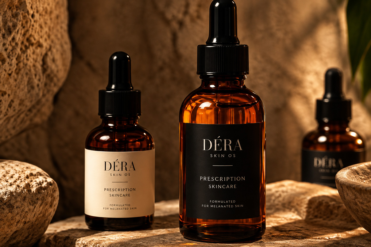 DÉRA skincare bottles on stone
